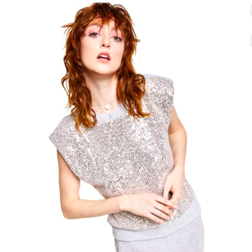 Inc Womens Grey Stretch Silver Sequin Sweater Vest Size XL Sleeveless NWT Macy’s